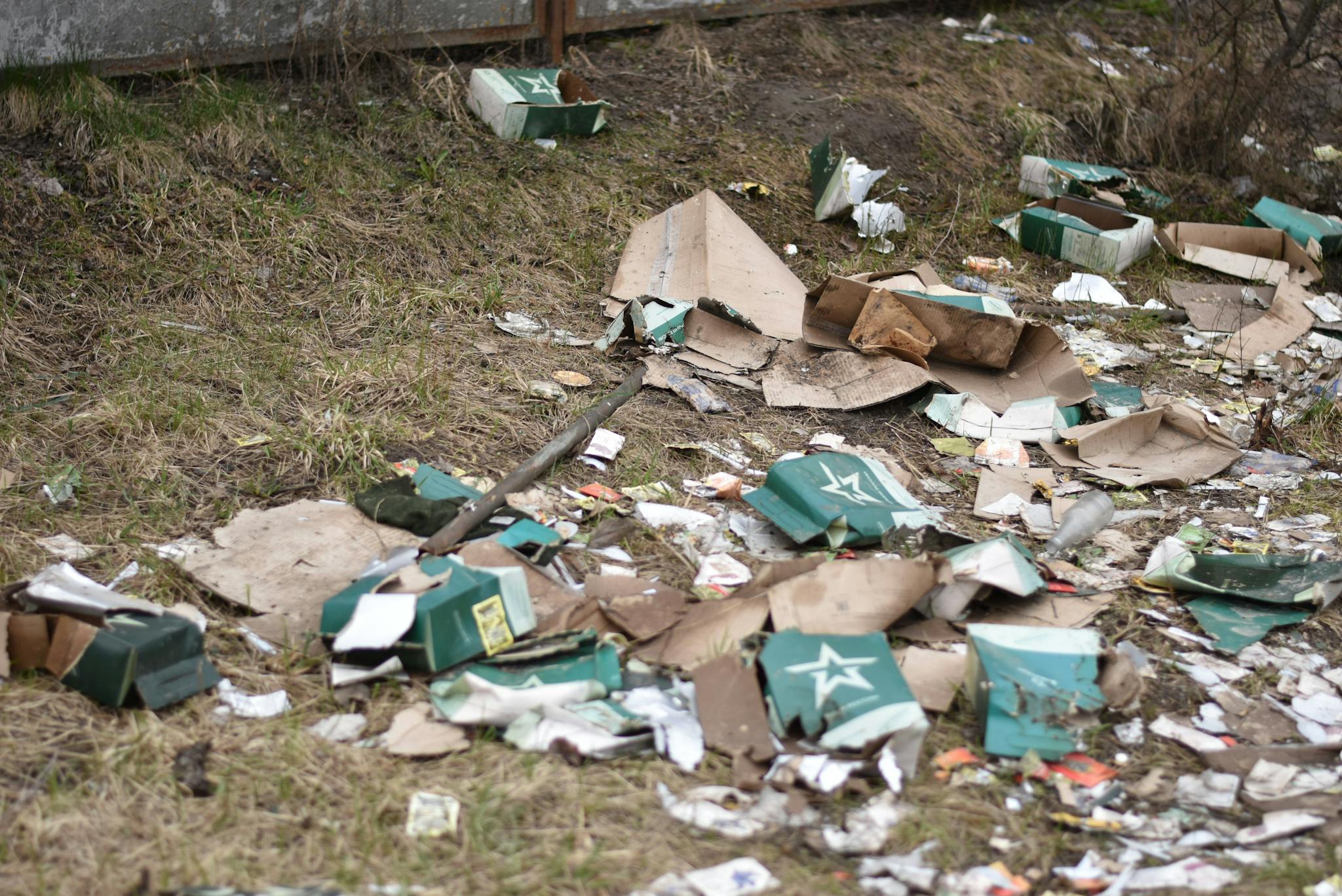 Pile of cardboard and litter scattered on grassy urban area, symbolizing pollution.